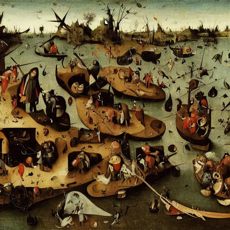 Prompt: The medium shot of three sarcastic mans with fishes running away with a small profit of money, thinking they've made a great deal, Grim Reaper laughs and follow them, by Hieronymus Bosch and Pieter Bruegel, super detailed oil painting, proportional faces, hyper realistic, 4k, masterpiece