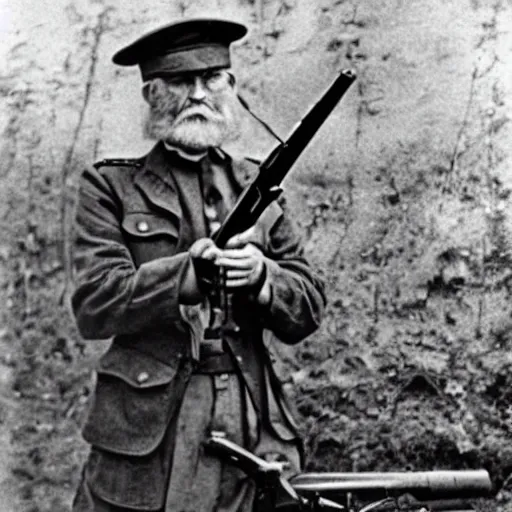 Prompt: old wartime photograph of dumbledore holding a lewis gun, 1 9 1 7