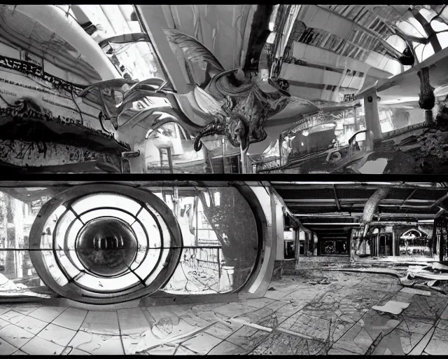 Image similar to camera footage of a extremely aggressive Giant mutated Octopus with glowing white eyes, False Human Features, in an abandoned shopping mall, Psychic Mind flayer, Terrifying, Metal Slug Aliens :7 , high exposure, dark, monochrome, camera, grainy, CCTV, security camera footage, timestamp, zoomed in, Feral, fish-eye lens, Fast, Radiation Mutated, Nightmare Fuel, Ancient Evil, Bite, Motion Blur, horrifying, lunging at camera :4 bloody dead body, blood on floors, windows and walls :5