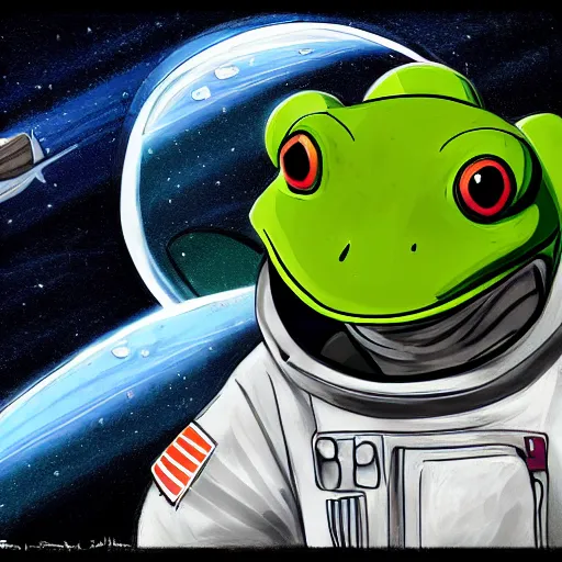 Prompt: A frog wearing an astronaut suit, looking out the window into space, concept art, digital art, well detailed, 8k