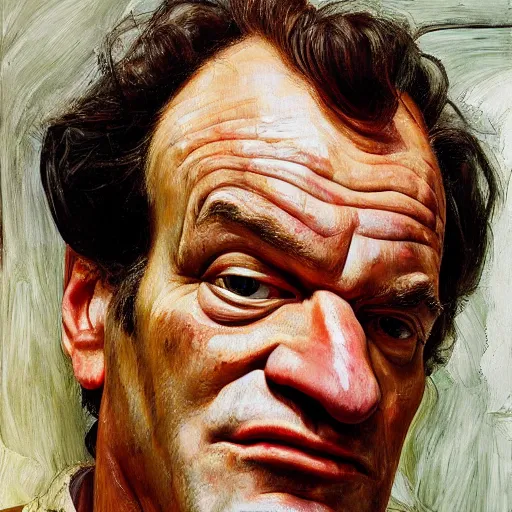 Image similar to high quality high detail painting by lucian freud, hd, portrait of tarantino