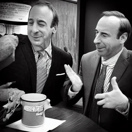 Prompt: “ very photorealistic photo of alex jones meeting saul goodman, award - winning details ”