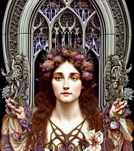 Image similar to hyperrealistic detailed face portrait of a beautiful young goddess morphing into a gothic cathedral, authentic ornamental architecture, intricate and highly detailed, awe inspiring art by ernst haeckel, h. r. giger, alphonso mucha, android jones, james jean, gothic, neo - gothic, heavily ornamental, nice deep colours,