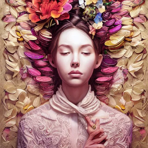 Image similar to the portrait of an absurdly beautiful, graceful, elegant, and wise young woman made of bananas and petals, an ultrafine detailed illustration by kim jung gi, irakli nadar, intricate linework, bright colors, octopath traveler, final fantasy, angular, unreal engine 5 highly rendered, global illumination, radiant light, detailed and intricate environment