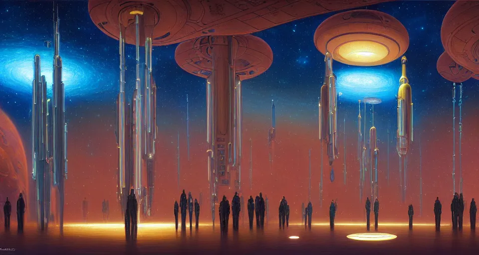 Prompt: a minimalist bioluminescent oil painting by donato giancola, warm coloured, cinematic scifi luxurious futuristic spaceport crowd awaiting transit to space with microscopy waterfalls stained glass pretty bulbous ceramic fountains, gigantic pillars and flowers, maschinen krieger, beeple, star trek, star wars, ilm, star citizen, mass effect, artstation, atmospheric perspective