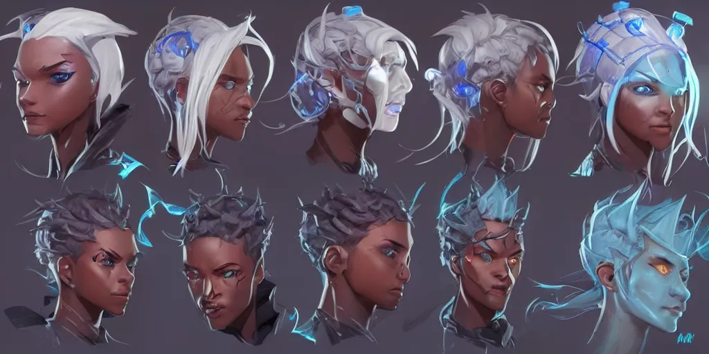 Prompt: concept art of young black male netrunner d & d video game characters head designs, unique hair designs, by marc brunet and artgerm