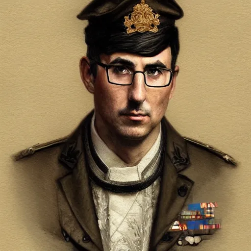 Image similar to portrait of stoic looking john oliver, military uniform, fantasy, intricate, elegant, highly detailed, centered, dark, smokey, charcoal painting, digital painting, artstation, concept art, smooth, sharp focus, illustration, art by artgerm and greg rutkowski and alphonse mucha