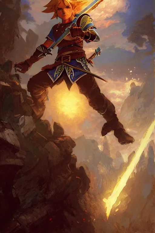 Image similar to link from zelda as a magic the gathering card portrait dnd, painting by gaston bussiere, craig mullins, greg rutkowski, yoji shinkawa