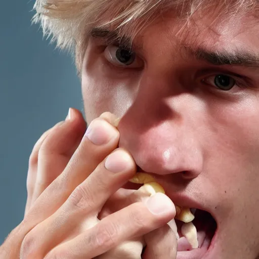 Prompt: xqc chewing on his own toes, high res photograph, 5 0 mm