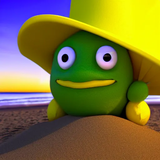 Image similar to 3 d render, of anthropomorphic lemon character, he is wearing a hat, building a sandcastle on the beach at sunset, beach, huge waves, sun, clouds, long violet and green trees, rim light, cinematic photography, professional, sand, sandcastle, volumetric lightening