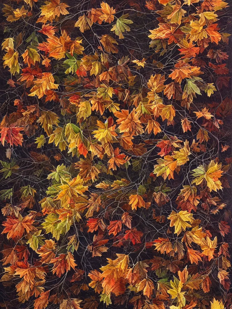 Image similar to a chaotic windy tornado of autumn leaves, intricate details, aesthetically pleasing and harmonious natural colors, art by tiffany bozic, impressionism, detailed, dark