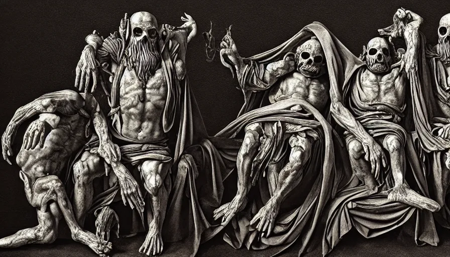 Prompt: highly detailed three wise dark rotting gods sit on the trons, see no evil, hear no evil, speak no evil, night, death, fear, horror, religion, monochrome, by caravaggio, hyperrealism, detailed and intricate environment