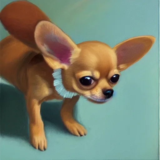 Image similar to a honey colored chihuahua puppy looking at his reflection in the mirror from the front, oil painting