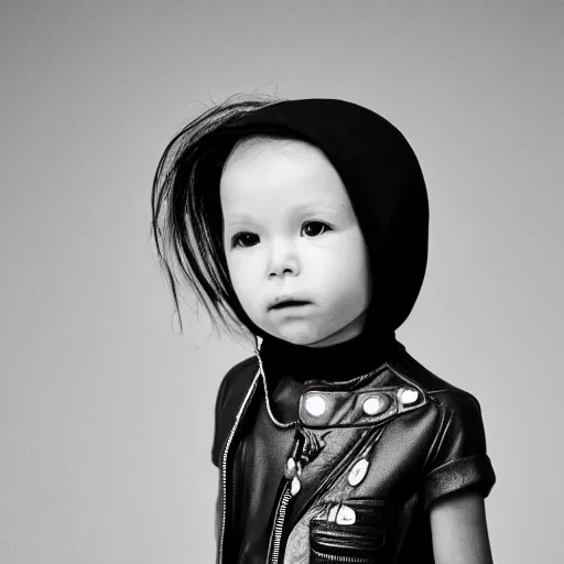 Prompt: the face of punk rock alien at 3 years old wearing balenciaga clothing, black and white portrait by julia cameron, chiaroscuro lighting, shallow depth of field, 8 0 mm, f 1. 8