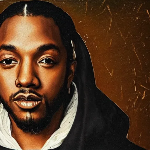 Image similar to a renaissance style portrait painting of kendrick lamar