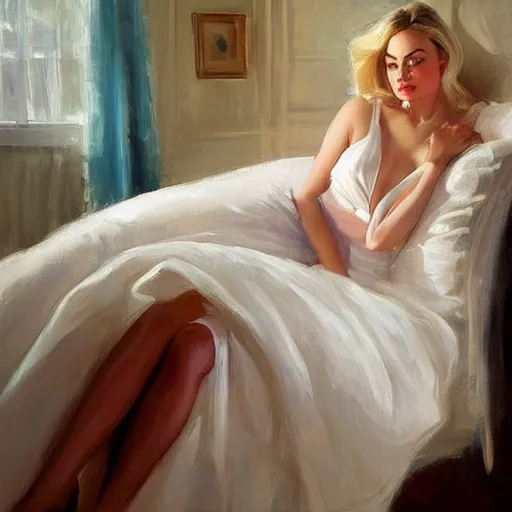 Prompt: margot robbie in the bedroom painting by Vladimir Volegov