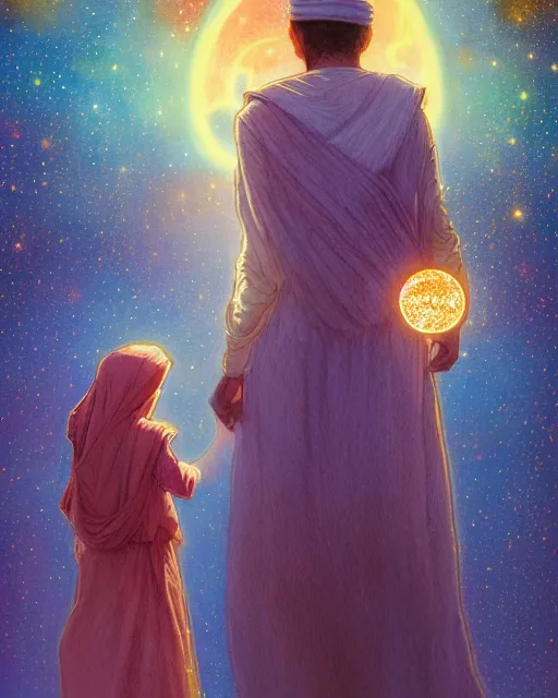 Image similar to bedouin man and woman and child in galaxy walking towards mosque surrounded by nebula, highly detailed, gold filigree, romantic storybook fantasy, soft cinematic lighting, award, disney concept art watercolor illustration by mandy jurgens and alphonse mucha and alena aenami, pastel color palette, featured on artstation