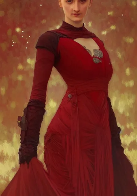 Image similar to sansa stark in red, intricate, elegant, highly detailed, digital painting, artstation, concept art, smooth, sharp focus, illustration, art by artgerm and greg rutkowski and alphonse mucha and william - adolphe bouguereau