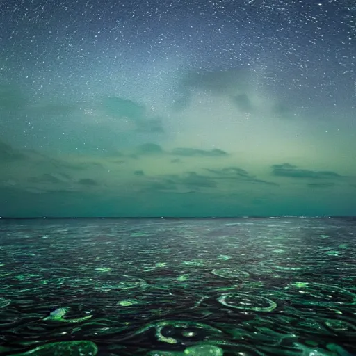 Image similar to Sea Of Stars of Vaadhoo Island Maldives, Bioluminescent sea plankton that shines multiversal during the night, makes the sea area glowing water, ethereal and dreamy, art by VINCENT VAN GOGH