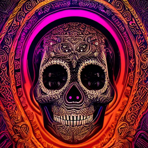 Image similar to a highly detailed photographic render of intricately carved sugar skull, psychedelic, black background, neon light, intricate ornament, gilding, horror, dark fantasy, beautifully lit, ray traced, octane 3D render in the style of Gerald Brom and James Gurney