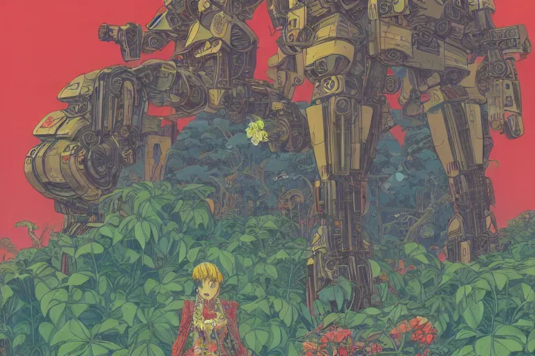 Image similar to most blues, gigantic girl head, a lot of exotic vegetation, trees, tremendous mecha robot, flowers, oldschool vintage sci - fi flat surreal design, super - detailed, 2 d gouache painting by moebius and satoshi kon, hd, 4 k, high quality