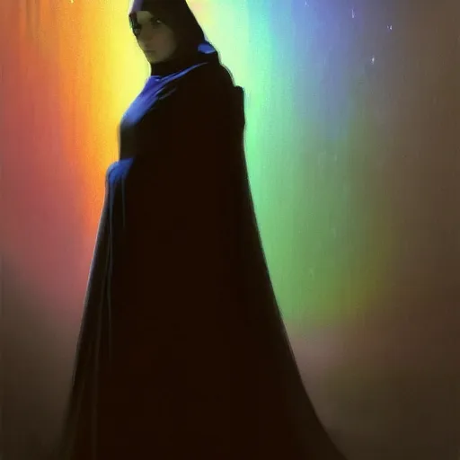 Image similar to concept art painting of beautiful figure the called the moonbow queen in a black cloak, a rainbow in the dark, colorful, by Michael Whelan, William Adolphe Bouguereau, and Donato Giancola, highly rendered, beautiful, cyberpunk, artstation, extremely moody lighting, glowing light and shadow, atmospheric, shadowy, cinematic, 8K