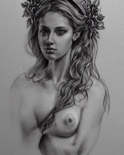 Image similar to realism tattoo sketch of a beautiful greek goddess aphrodite with piercing eyes wearing a laurel wreath and triangle earrings, in the style of greg rutkowski, amazing detail