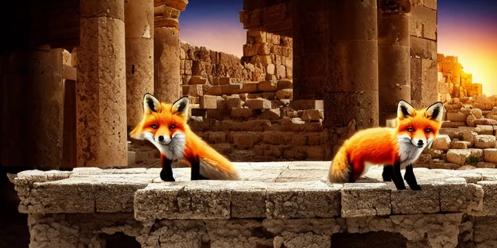 Image similar to A beautiful small fox in the huge ruins of the second temple in Jerusalem :: Dreamy sky :: The third temple hovers quietly in the sky above :: Very colorful painting 8k trending on art station :: Intricate details, very realistic, cinematic lighting, volumetric lighting, photographic blur bokeh defocus dof sky