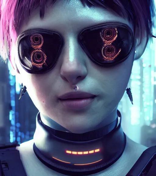 Image similar to detailed realistic female character cyberpunk wearing thick technological collar around neck, realistic, art, beautiful, 4K, collar, choker, collar around neck, punk, artstation, detailed, female, woman, choker, cyberpunk, neon, punk, collar, choker, collar around neck, thick collar, tight around neck, punk,