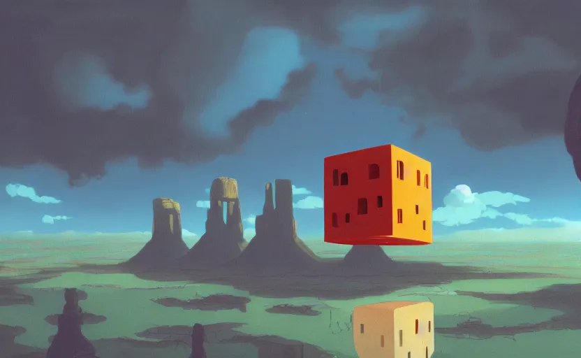 Image similar to hyperrealist painting of a cube inside a giant transparent bubble from howl's moving castle ( 2 0 0 4 ) in a flooded monument valley stonehenge jungle. 1 9 7 0 s science fiction, moody, misty, depth perception, 4 k, artstation, in the style of studio ghibli