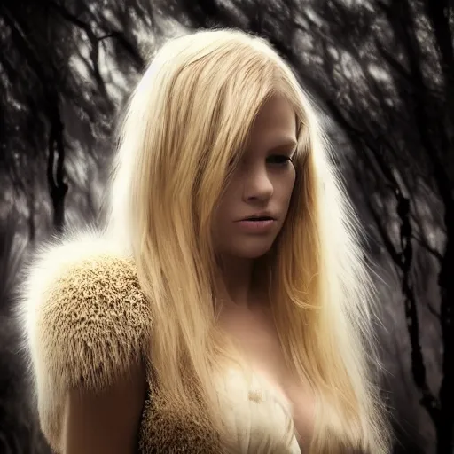 Prompt: very pretty blond female angel with huge dragon wings in a dark forest, perfect symmetrical face, shallow depth of field, moody lighting, single point of light, 8 k, cultural realistic, in the style of martina fackova,