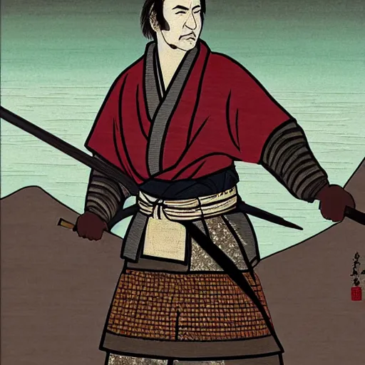 Prompt: saul goodman from breaking bad wearing samurai armor and holding a katana in feudal japan, 4 k, hyper realistic, ink block painting, edo period