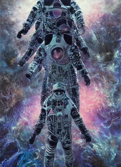 Image similar to astronauts in the dark infinite underwater void - complex and hyperdetailed technical suit, fabric material. reflection and dispersion materials. rays and dispersion of light. volumetric light. wide angle, f / 3 2. noise film photo. flash photography. ultra realistic, wide angle. poster by wayne barlowe, hajime sorayama aaron horkey, craig mullins