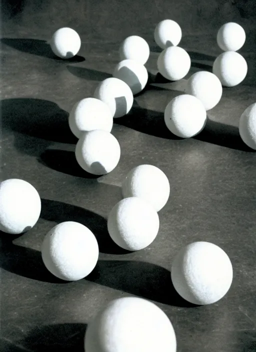 Prompt: realistic object photo of ping pong balls sculpture, readymade, dadaism, fluxus, 1 9 9 0, life magazine photo