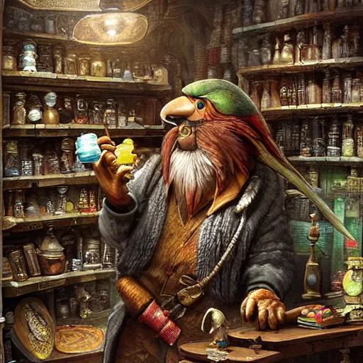 Prompt: Anthropomorphized parrot trader in his shop, art by Greg Rutkowski, shelves full, selling a gem, portrait, items, magic potions, weapons, arcana, carpet, window, fancy funny hat, sly expression , cunning expression, cute expression, presenting magic gem, D&D, fantasy, cinematic lighting, highly detailed, digital painting, artstation, concept art, smooth, sharp focus, illustration, warm light, cozy warm tint, magic the gathering artwork, volumetric lighting, 8k, no gold, no gold colours