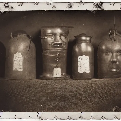 Image similar to Tintype photograph of primitive objects displayed in an ethnographic museum, archive material, anthropology, 1920s studio lighting.