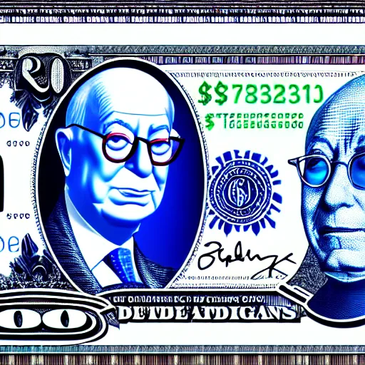 Prompt: currency design like a dollar bill, blue, with the design of Jacob Rothschild and George Soros and Klaus Schwab with a cigar and glasses printed on currency paper, currency symbols printed, highly detailed, realistic, octane render