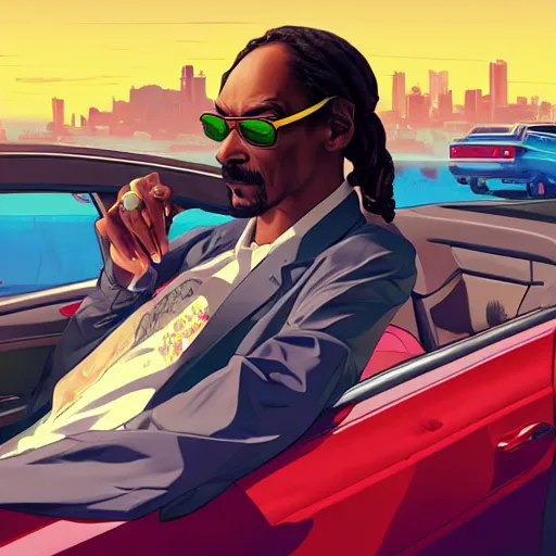 Image similar to snoop dogg driving, art gta 5 cover, official fanart behance hd artstation by jesper ejsing, by rhads, makoto shinkai and lois van baarle, ilya kuvshinov, ossdraws, and by feng zhu and loish and laurie greasley, victo ngai, andreas rocha, john harris