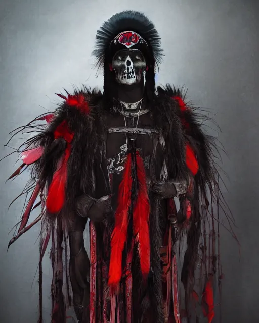 Image similar to the ghost - spirit of the grim - warpaint wears the scarlet skull armor and native blood headdress feathers, midnight fog - mist!, dark oil painting colors, realism, cinematic lighting, various refining methods, micro macro autofocus, ultra definition, award winning photo