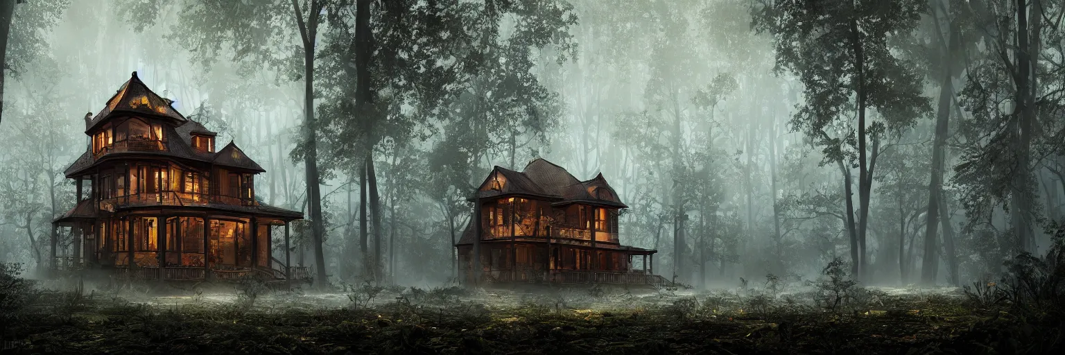 Image similar to victorian house made of wood in a dark forest with obsidian trees and Opal flowers, jade, lapis, eerie, painting, trending on artstation, octane render, atmospheric lighting, misty, rain