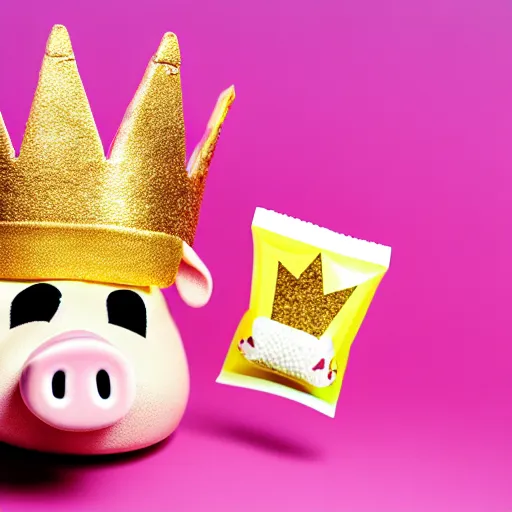 Prompt: photo of puppet pig wearing a gold crown holding snack bags 8k resolution, award winning, realistic, cinematic concept art