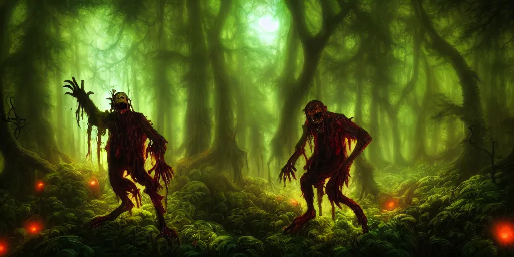 Prompt: zombie in the forest, magical energies emanating from it, fantasy art, matte painting, sharp focus, vibrant colors, high contrast, illustration, art by justin gerard