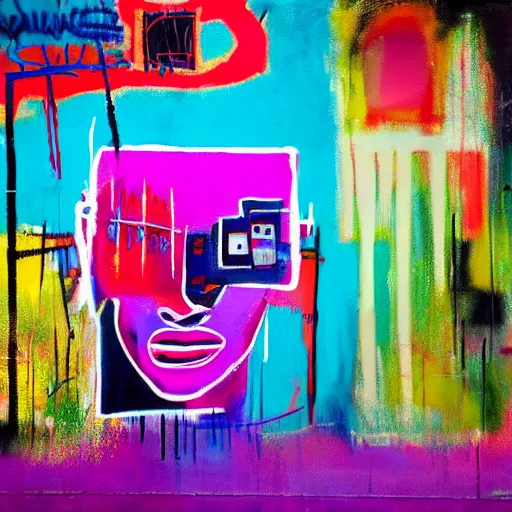 Prompt: rain like a dream, oil painting, cyberpunk, basquiat + francis bacon, elevated street art, fantasy lut, pink, blue, purple, green,