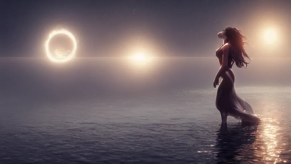 Image similar to whimsical, a beautiful enamored woman, wearing professional makeup, standing in a lake, raising an arm, under a binary black hole with a ring, by Greg Rutkowski, by Ross Tran, by artgerm, face enhance, volumetric lighting, 4k resolution, octane render, trending on artstation