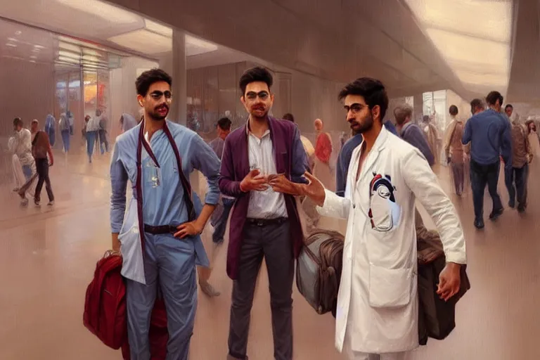 Image similar to Exasperated good looking pale young Indian doctors wearing American clothes chatting at the airport, portrait, elegant, intricate, digital painting, artstation, concept art, smooth, sharp focus, illustration, art by artgerm and greg rutkowski and alphonse mucha