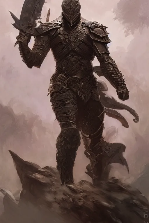 Image similar to male warrior, wearing a dark armor, fighting a dragon, large sword, intricate, elegant, highly detailed, digital painting, artstation, concept art, smooth, sharp focus, illustration, art by artgerm and greg rutkowski and alphonse mucha and andrei riabovitchev