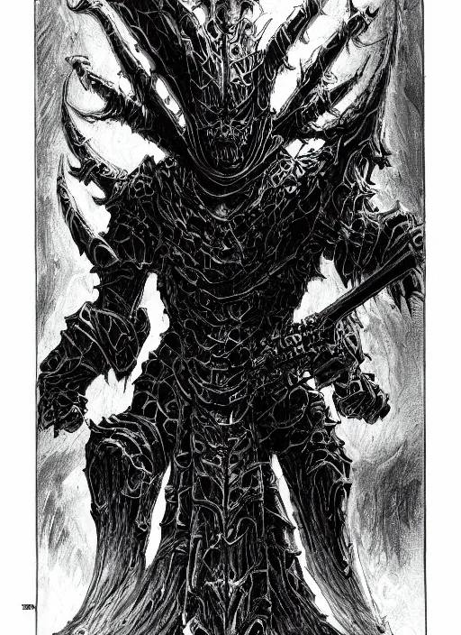 Prompt: demon knight in eldritch armor, blacklight poster on black paper, beautifully symmetrical, high detail render, by bernie wrightson greg rutowsk james jean