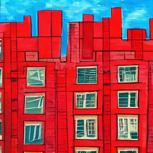 Prompt: urban landscape. red buildings, chimneys