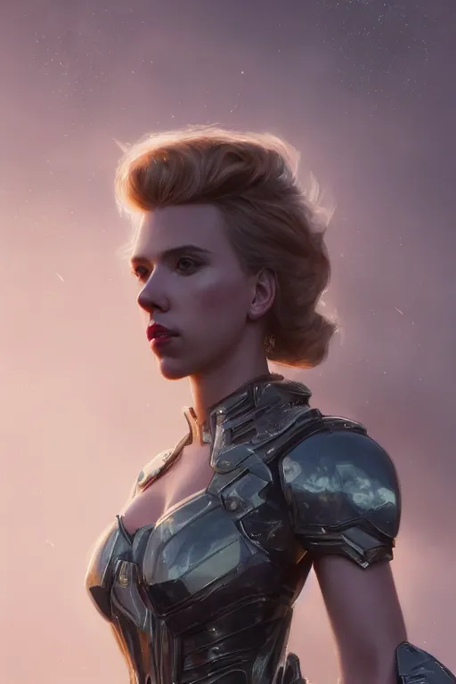 Image similar to a fancy portrait of Scarlett Johansson in crystaline armour by Greg Rutkowski, Sung Choi, Mitchell Mohrhauser, Maciej Kuciara, Johnson Ting, Maxim Verehin, Peter Konig, final fantasy , mythical, 8k photorealistic, cinematic lighting, HD, high details, atmospheric,