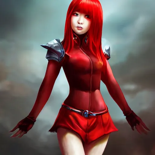 Prompt: half length portrait of a half - chinese teenage girl with short red hair and red outfit, still from arcane : league of legends, 3 d painting, digital art, anime